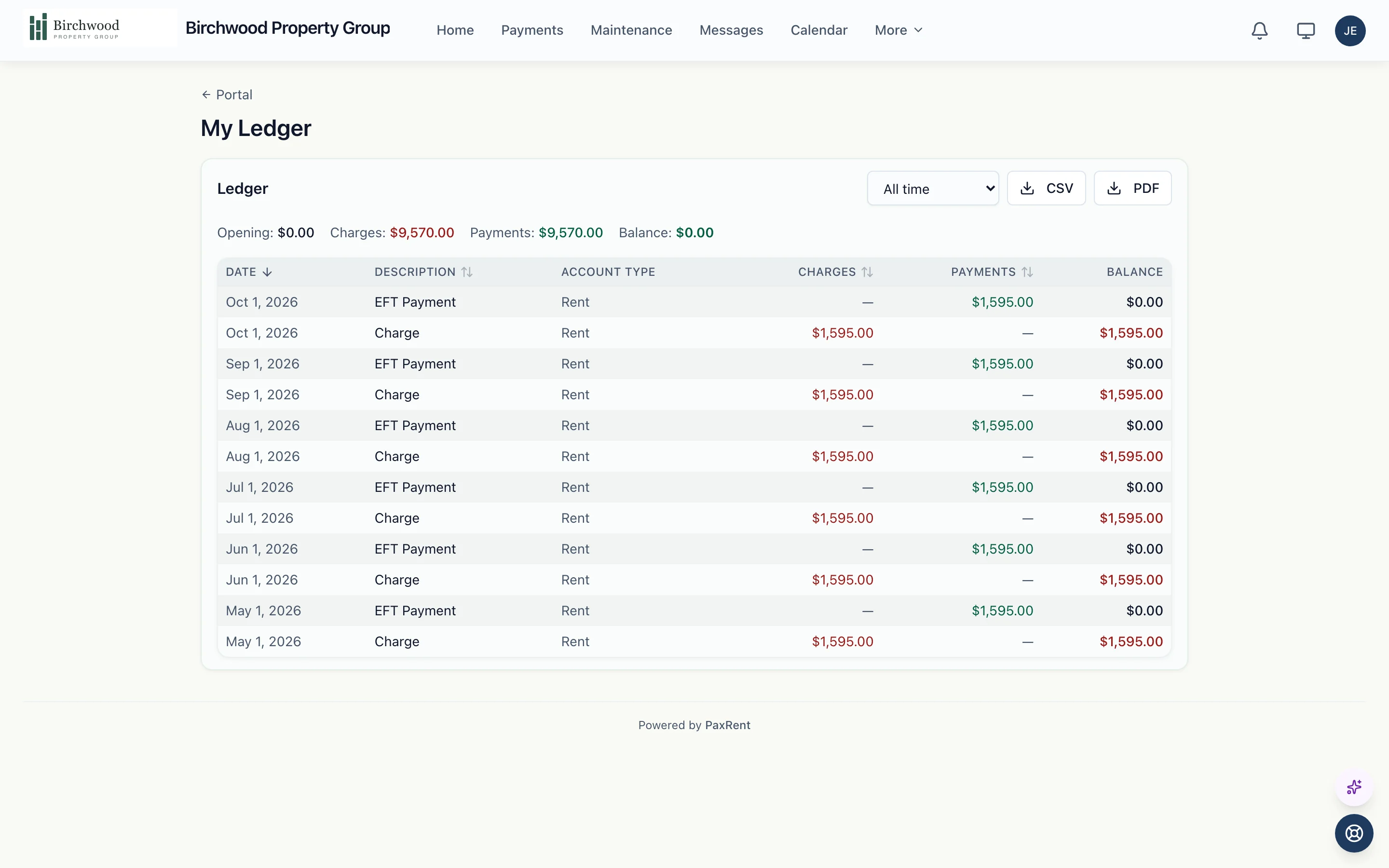 A resident's ledger in the PaxRent tenant portal: six months of rent charges, each paid by bank transfer on the first of the month, with running balance, a zero balance, and CSV and PDF downloads.